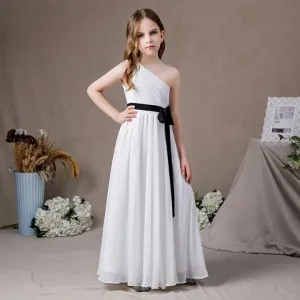 White Chiffon One Shoulder Flower Girl First Communion Dress