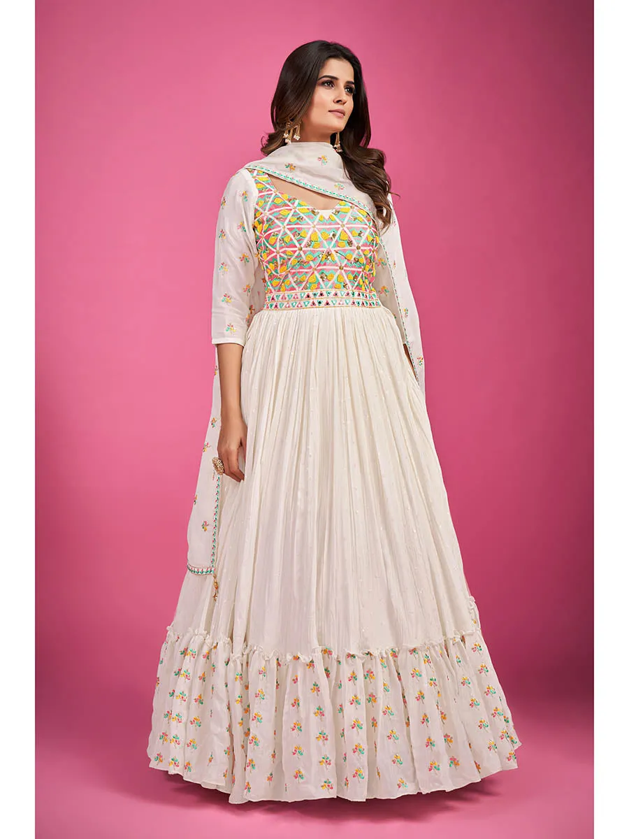 White Chinon Silk Embroidered Gown