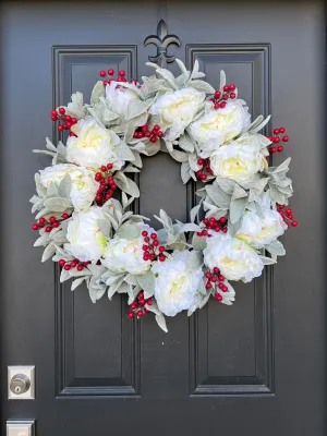 White Christmas Peony Wreath with Red Berries