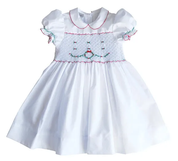 White Christmas wreath Hand smocked Girl's dress