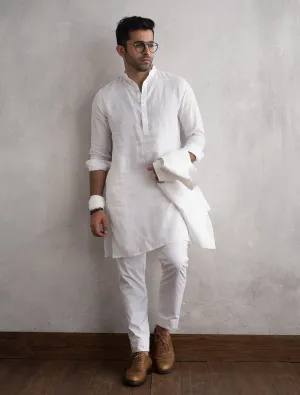 WHITE CLASSIC LINEN KURTA WITH COTTON PANT PAJAMA