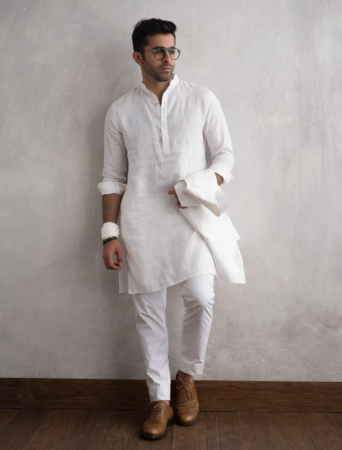 WHITE CLASSIC LINEN KURTA WITH COTTON PANT PAJAMA