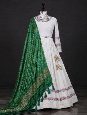 White Color Lucknowi Embroidery Work Georgette Lehenga Set With Gaji Silk Dupatta