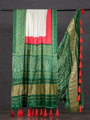 White Color Pure Gaji Silk Bandhani Printed Dupatta With Tassels