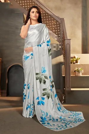 White color Satin digital print Saree