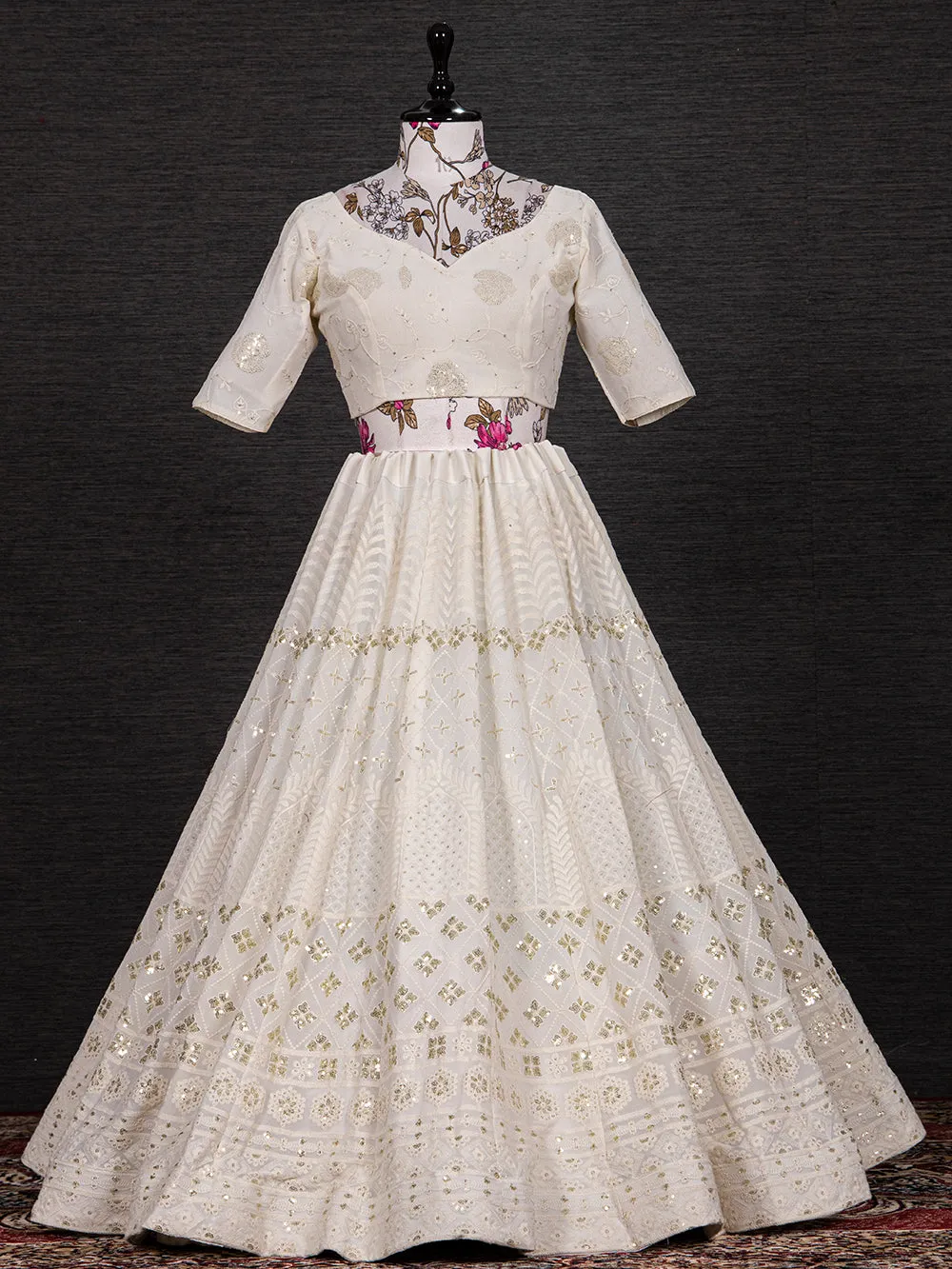 White Color Sequins And Thread Embroidery Work Georgette Lehenga Choli With Chinon Dupatta