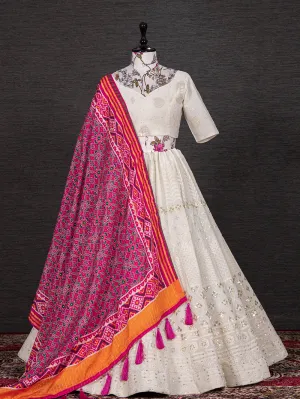 White Color Sequins And Thread Embroidery Work Georgette Lehenga Choli With Chinon Dupatta