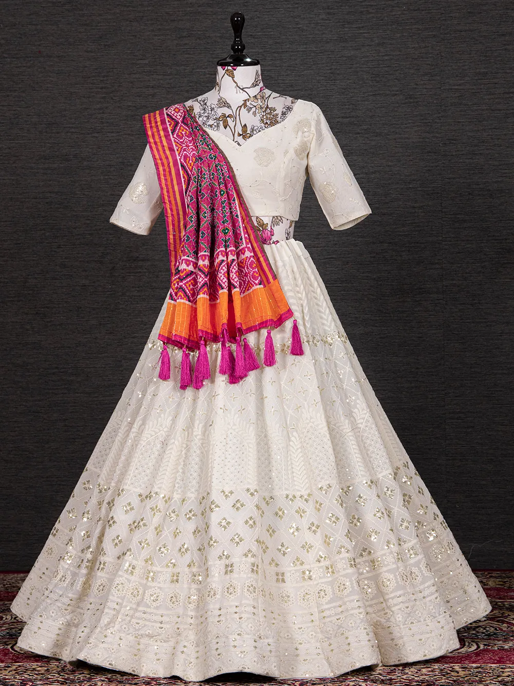 White Color Sequins And Thread Embroidery Work Georgette Lehenga Choli With Chinon Dupatta