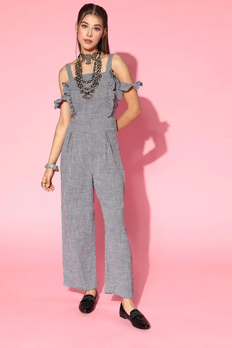 White Cotton Checked Ruffled Jumpsuit