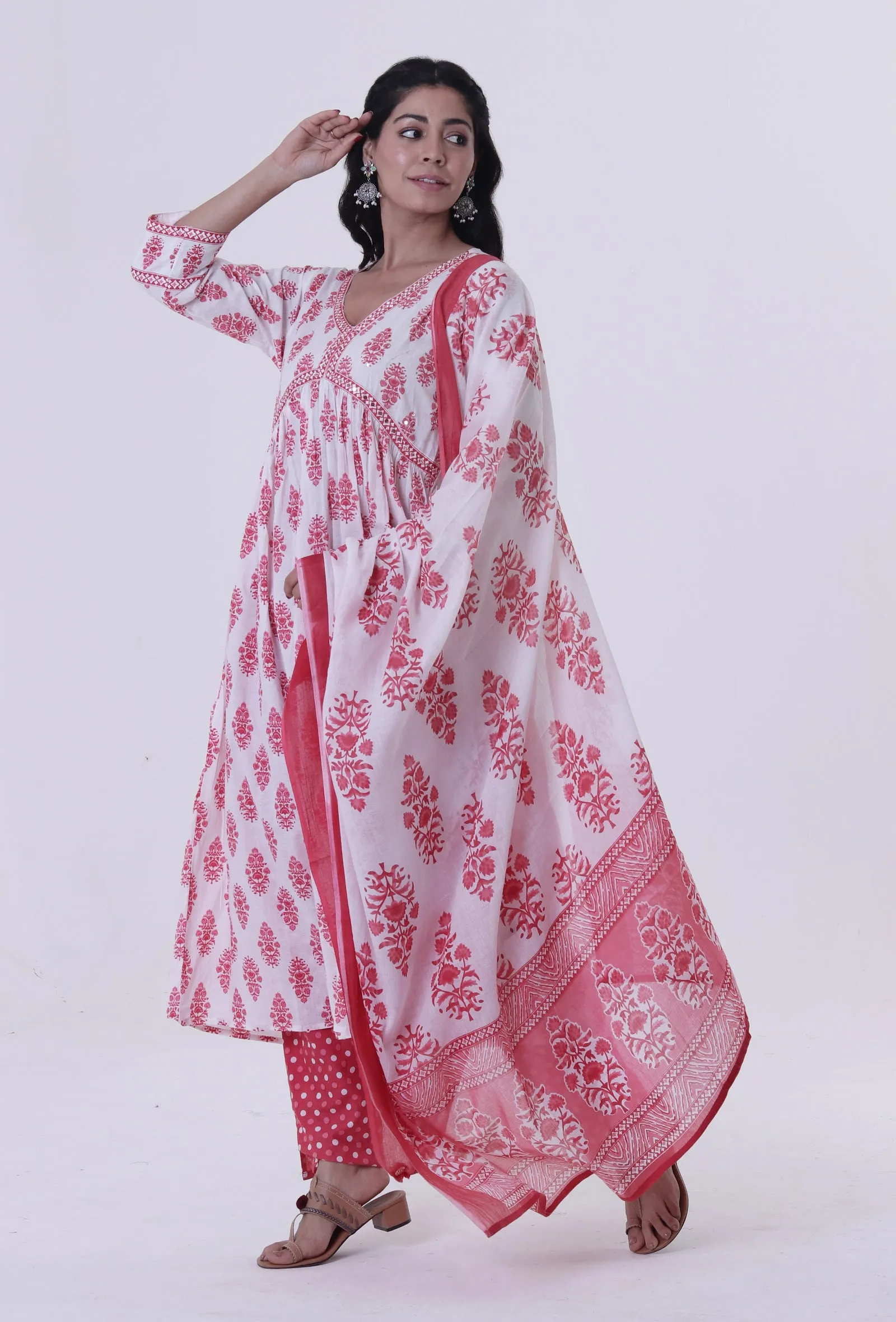 White Cotton Dupatta with Pink Motif