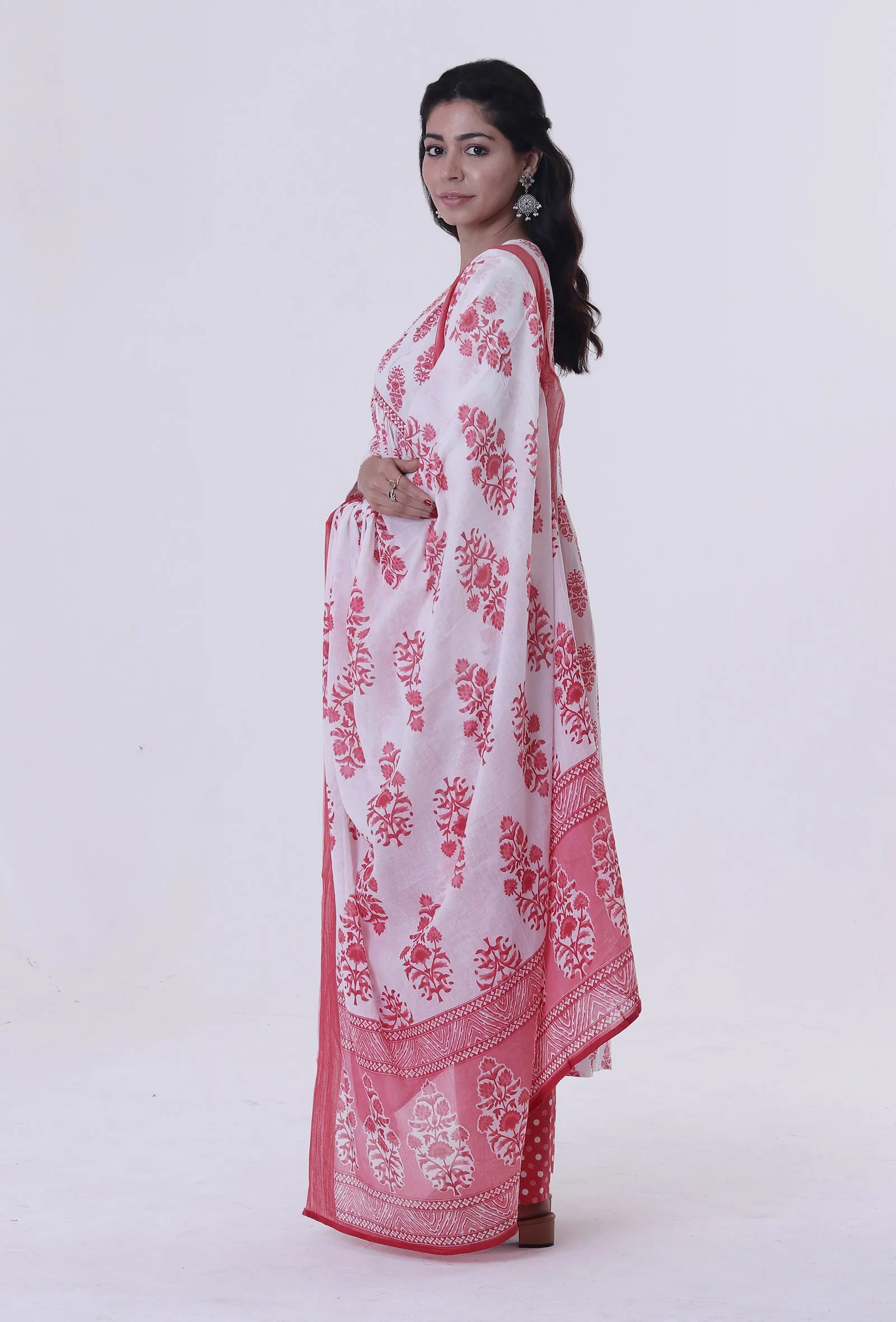 White Cotton Dupatta with Pink Motif