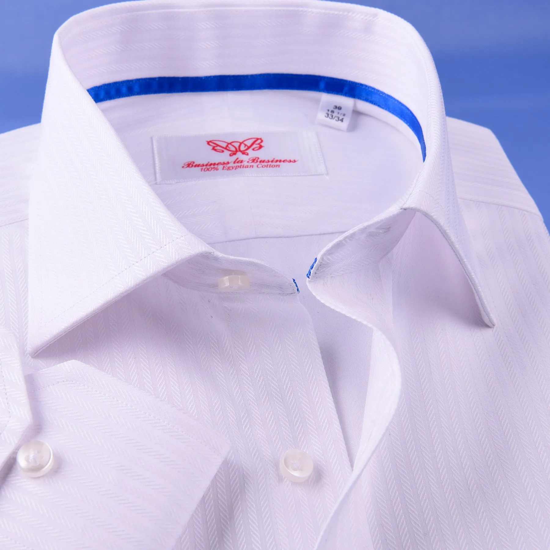 White Cotton Mini Herringbone With Blue Inner Lining For Professional Dress EgoFormal Dress Shirt This Shirt Is Designed for Professional Daily Work With Easy Care Of The Dress Shirt