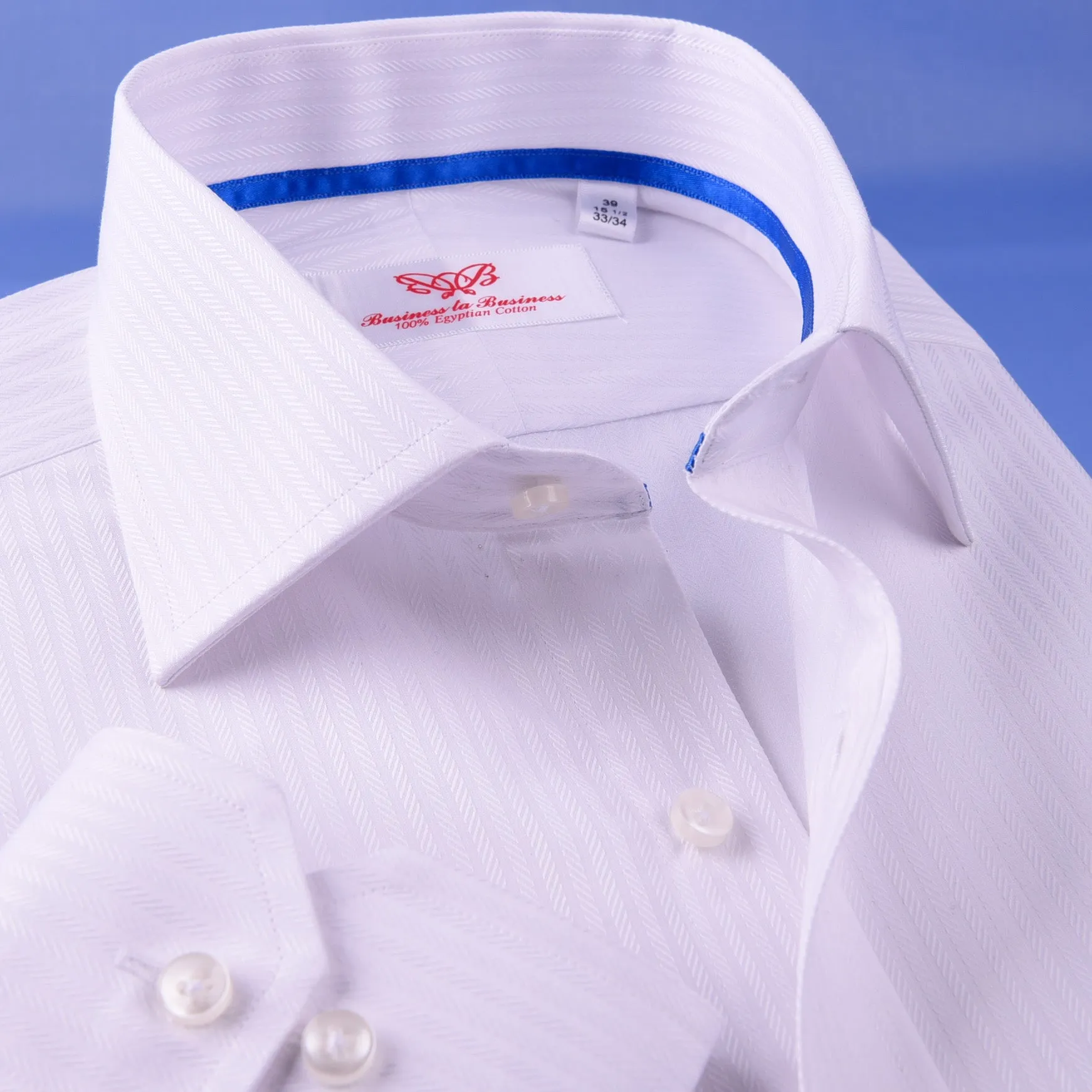 White Cotton Mini Herringbone With Blue Inner Lining For Professional Dress EgoFormal Dress Shirt This Shirt Is Designed for Professional Daily Work With Easy Care Of The Dress Shirt