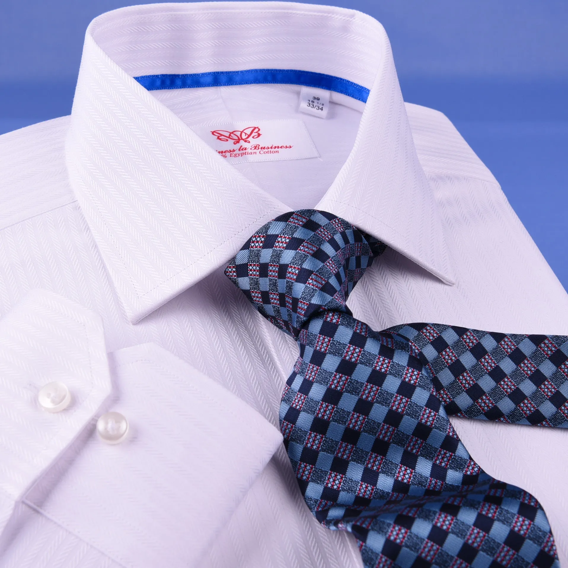 White Cotton Mini Herringbone With Blue Inner Lining For Professional Dress EgoFormal Dress Shirt This Shirt Is Designed for Professional Daily Work With Easy Care Of The Dress Shirt