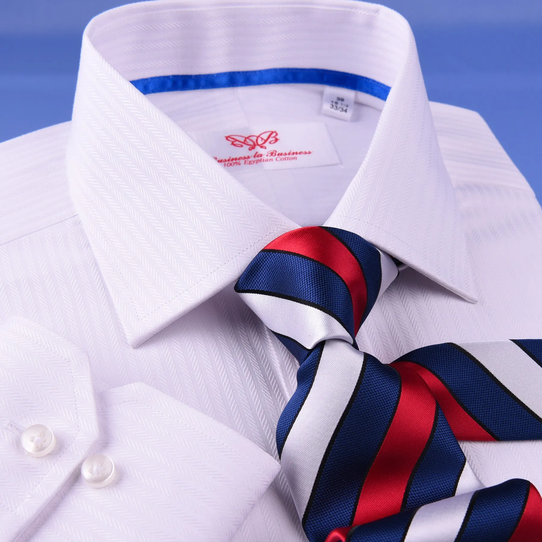 White Cotton Mini Herringbone With Blue Inner Lining For Professional Dress EgoFormal Dress Shirt This Shirt Is Designed for Professional Daily Work With Easy Care Of The Dress Shirt