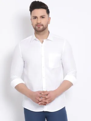 White Cotton Self Design Slim Fit Shirt