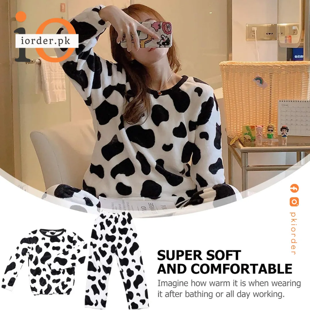 White Cow Print Fleece Casual Wear Set