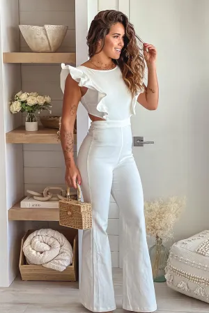 White Denim Jumpsuit With Ruffle Detail