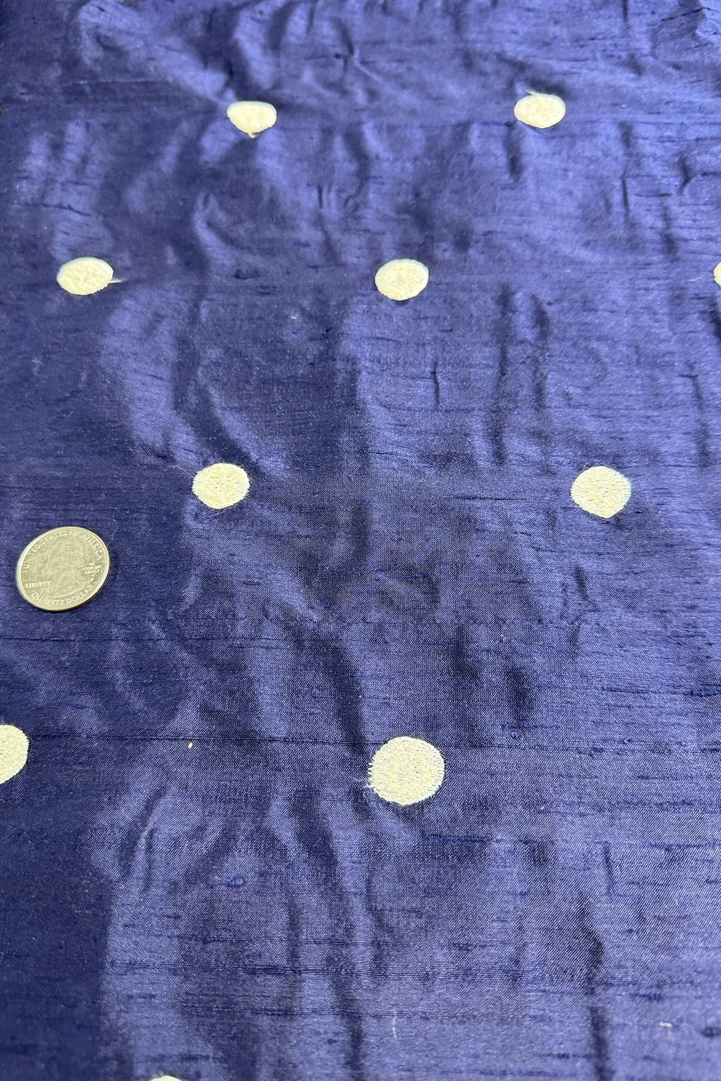 White Dots on Navy Dupioni Embroidered Dupioni Silk