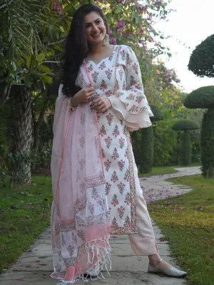 White Elegant Block Printed Kurta Pant Dupatta Set in Magic Cotton and Kota Silk