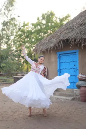 White Elegant Faux Blooming Gown with Kutchi Gamthi Work