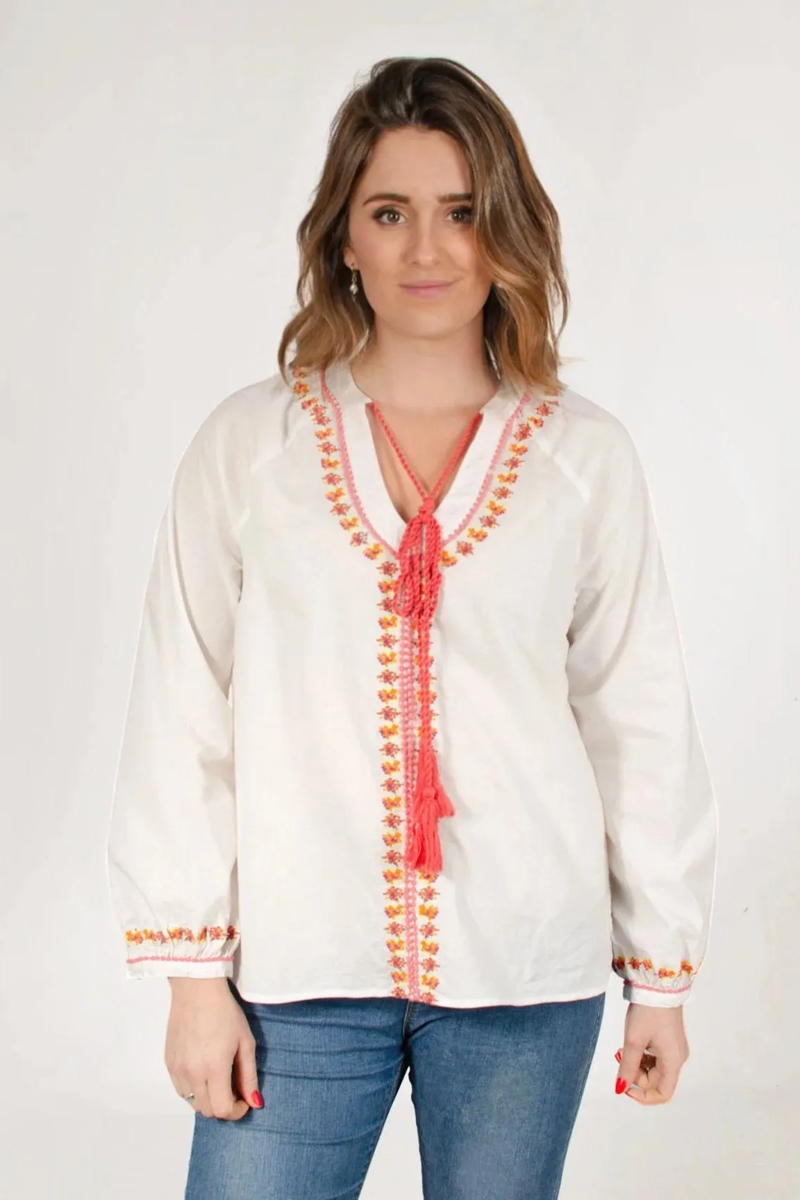 White Embroidered Kaftan Tassle Top