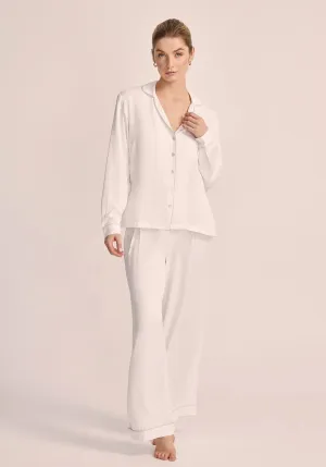 White Eva Long Pyjama Set with Blush Piping