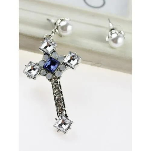 White Faux Pearl Diamante Cross Earring