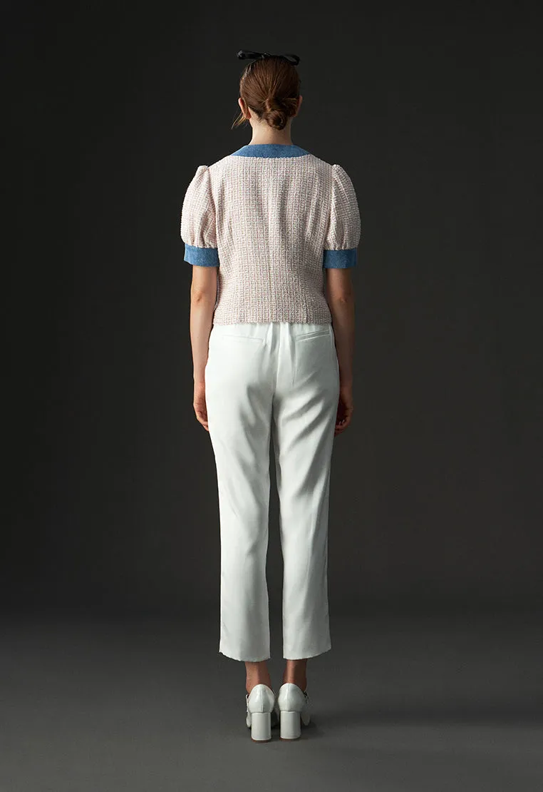 White Fixed Bow Belt Silk Straight Leg Pants