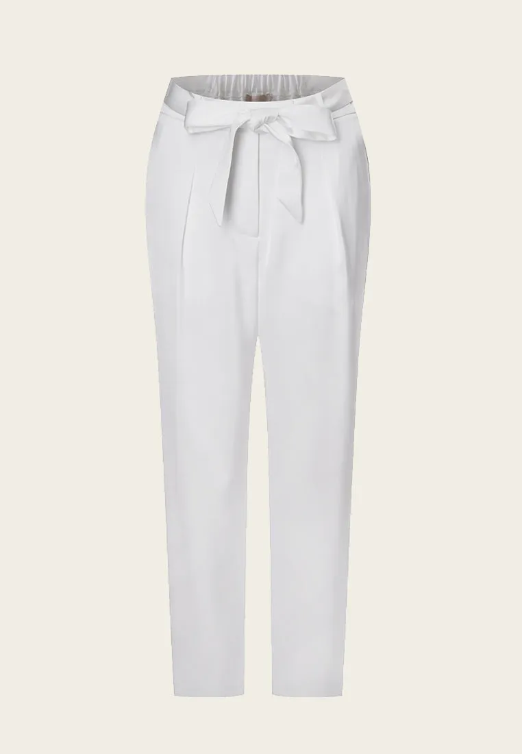 White Fixed Bow Belt Silk Straight Leg Pants