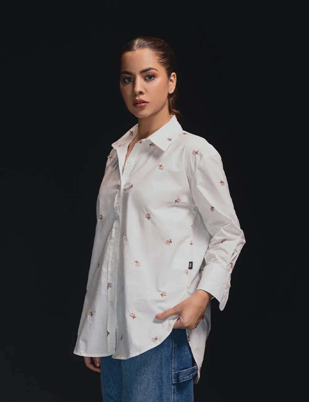 White Floral Embroidered Casual Shirt