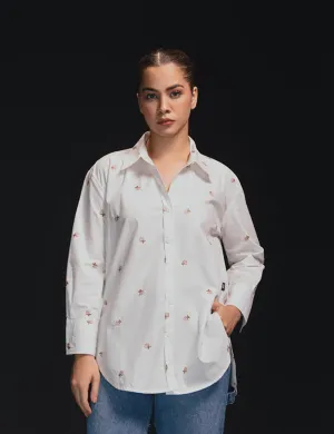 White Floral Embroidered Casual Shirt