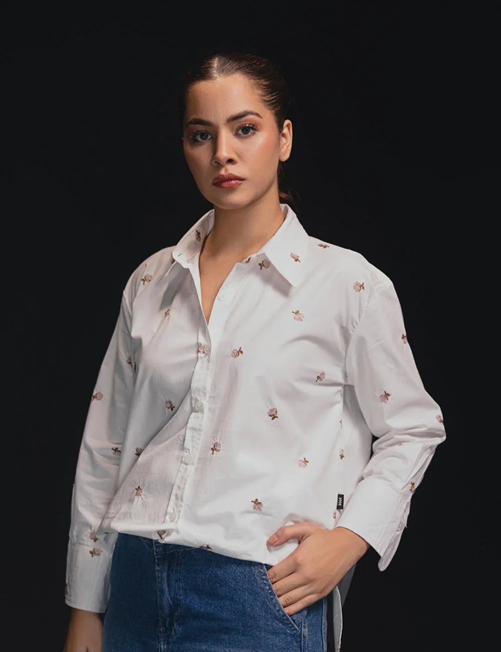 White Floral Embroidered Casual Shirt