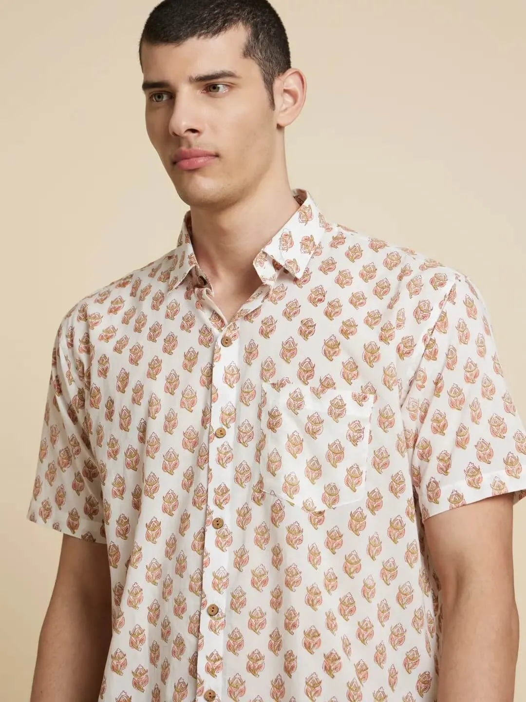 White Floral Handblock Printed Shirt