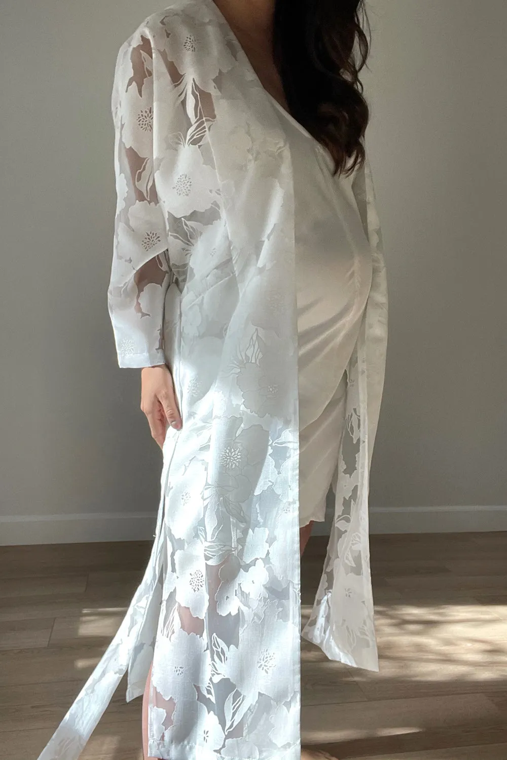 White Floral Midi Kimono Wrap