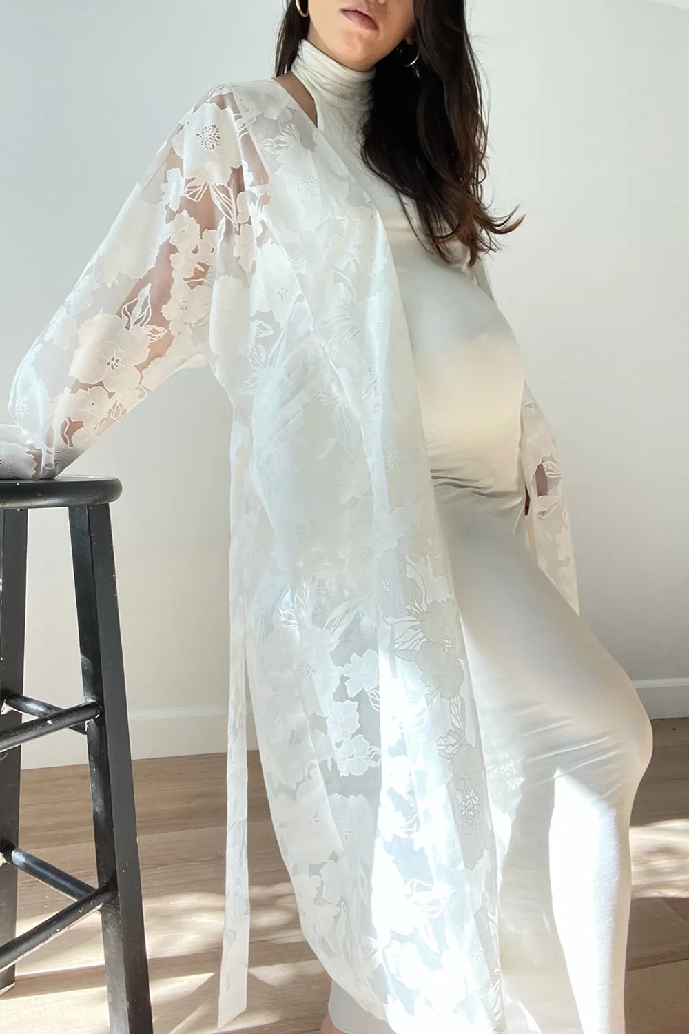 White Floral Midi Kimono Wrap