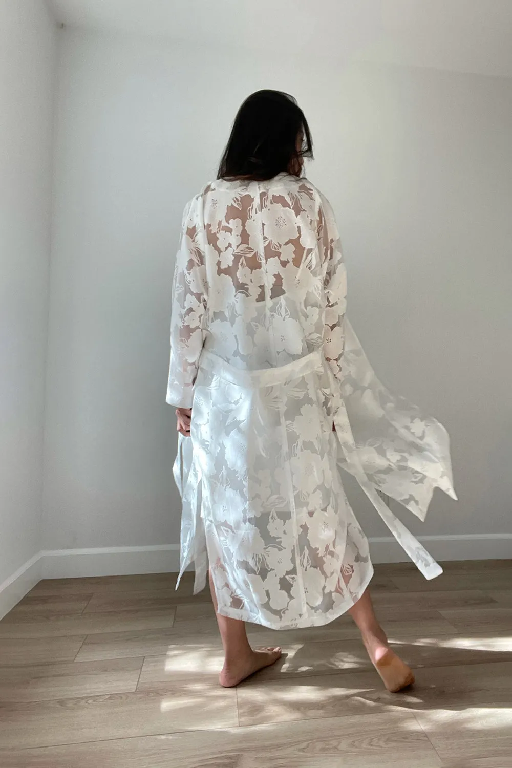 White Floral Midi Kimono Wrap