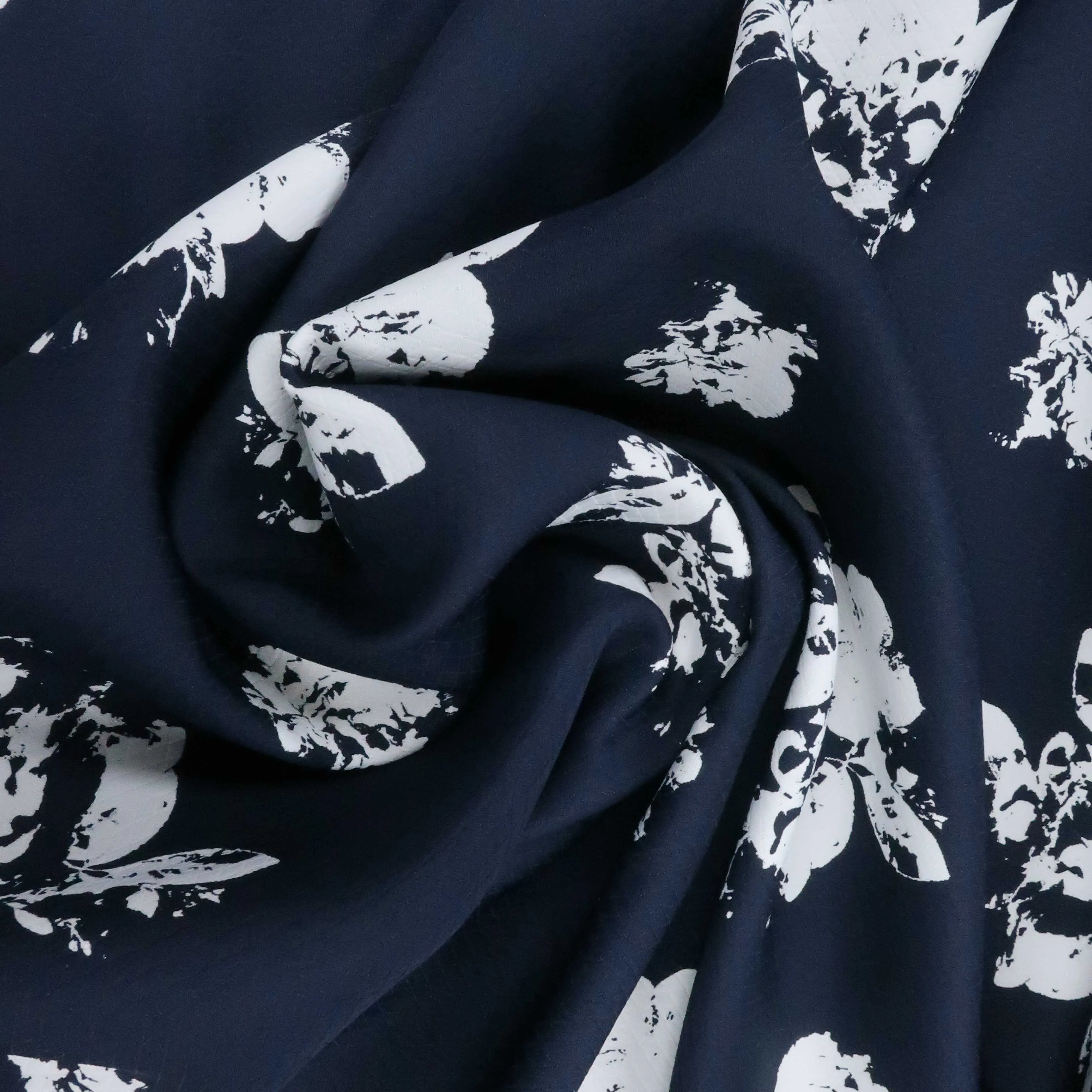 White Floral Navy Printed Polyester Crepe Fabric