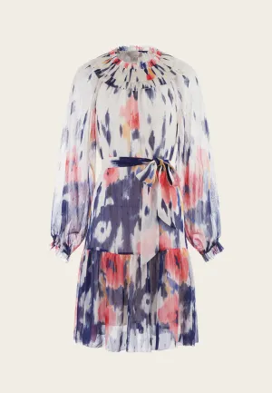 White Floral-print Open-necked Chiffon Dress