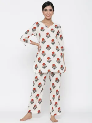 White Floral print Straight Cotton Blend Sleepwear