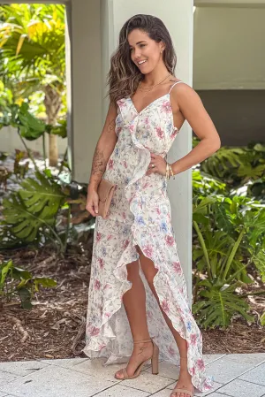 White Floral Satin Ruffled Dress