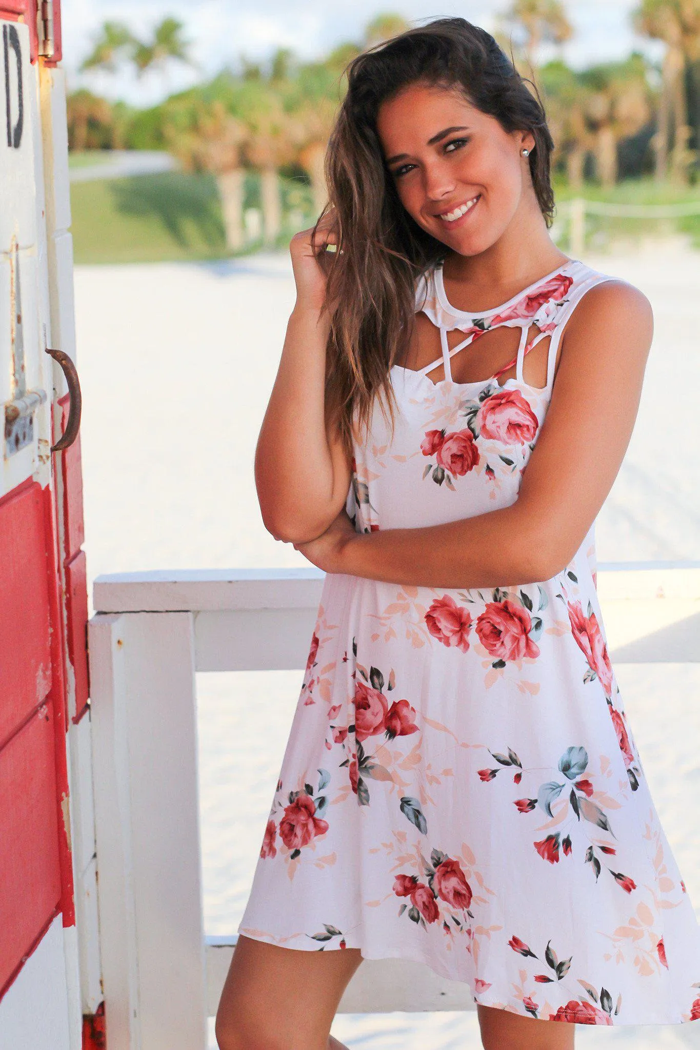 White Floral Sleeveless Cut Out Short Dress