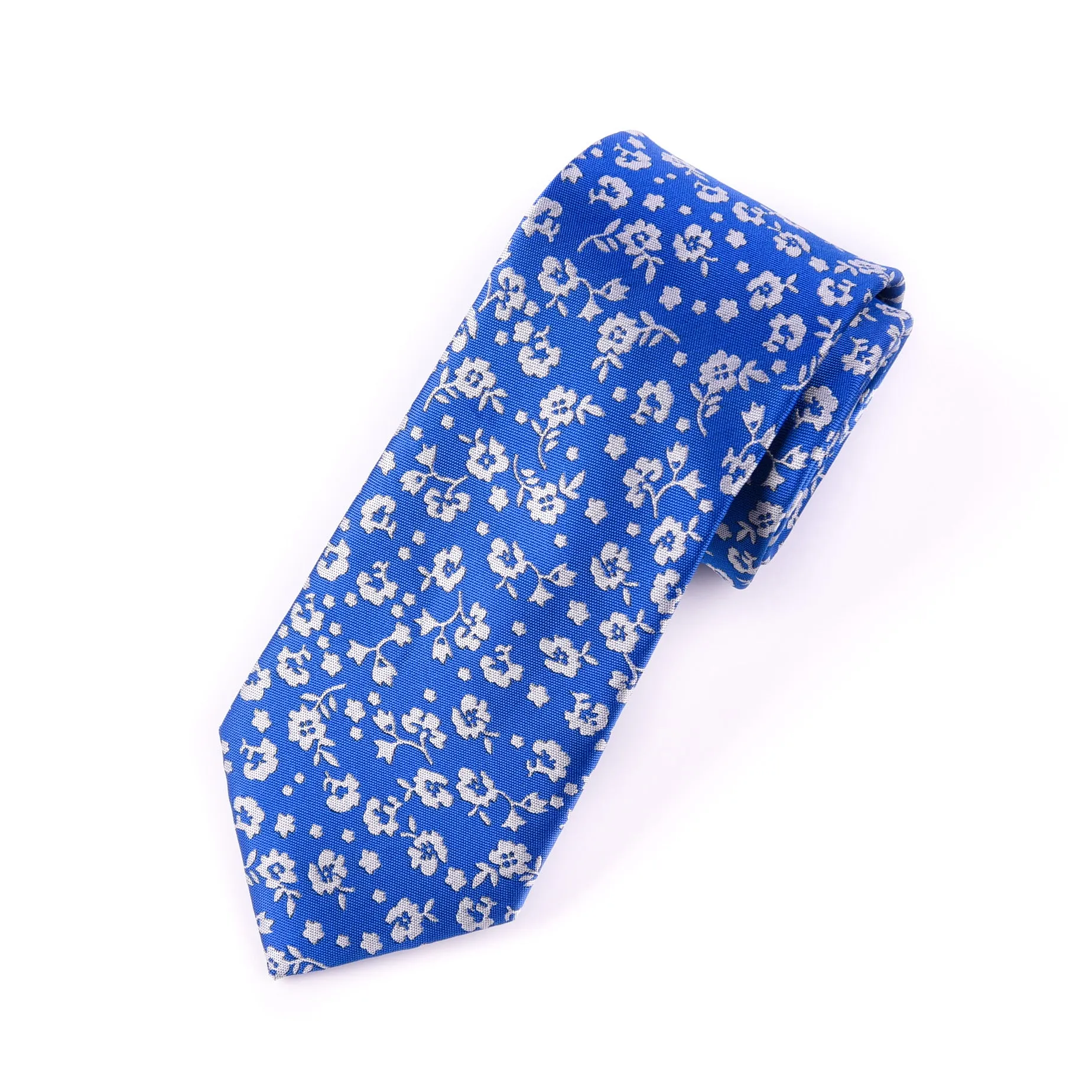 White Flower Blue Tie Skinny 3" Floral Necktie Designer Fashion Mens Accessory