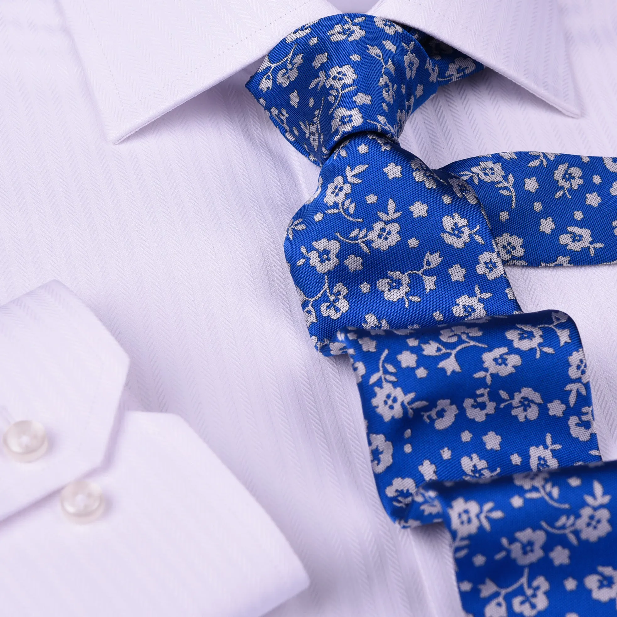 White Flower Blue Tie Skinny 3" Floral Necktie Designer Fashion Mens Accessory