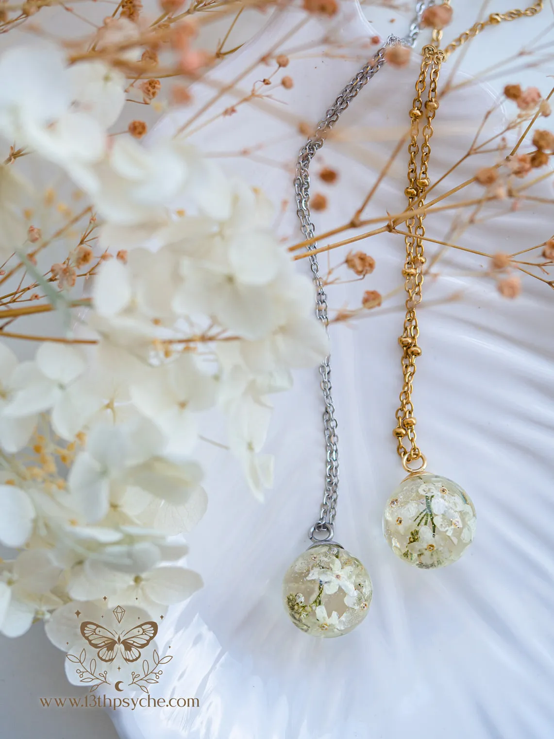 White forget me not flowers orb pendant necklace