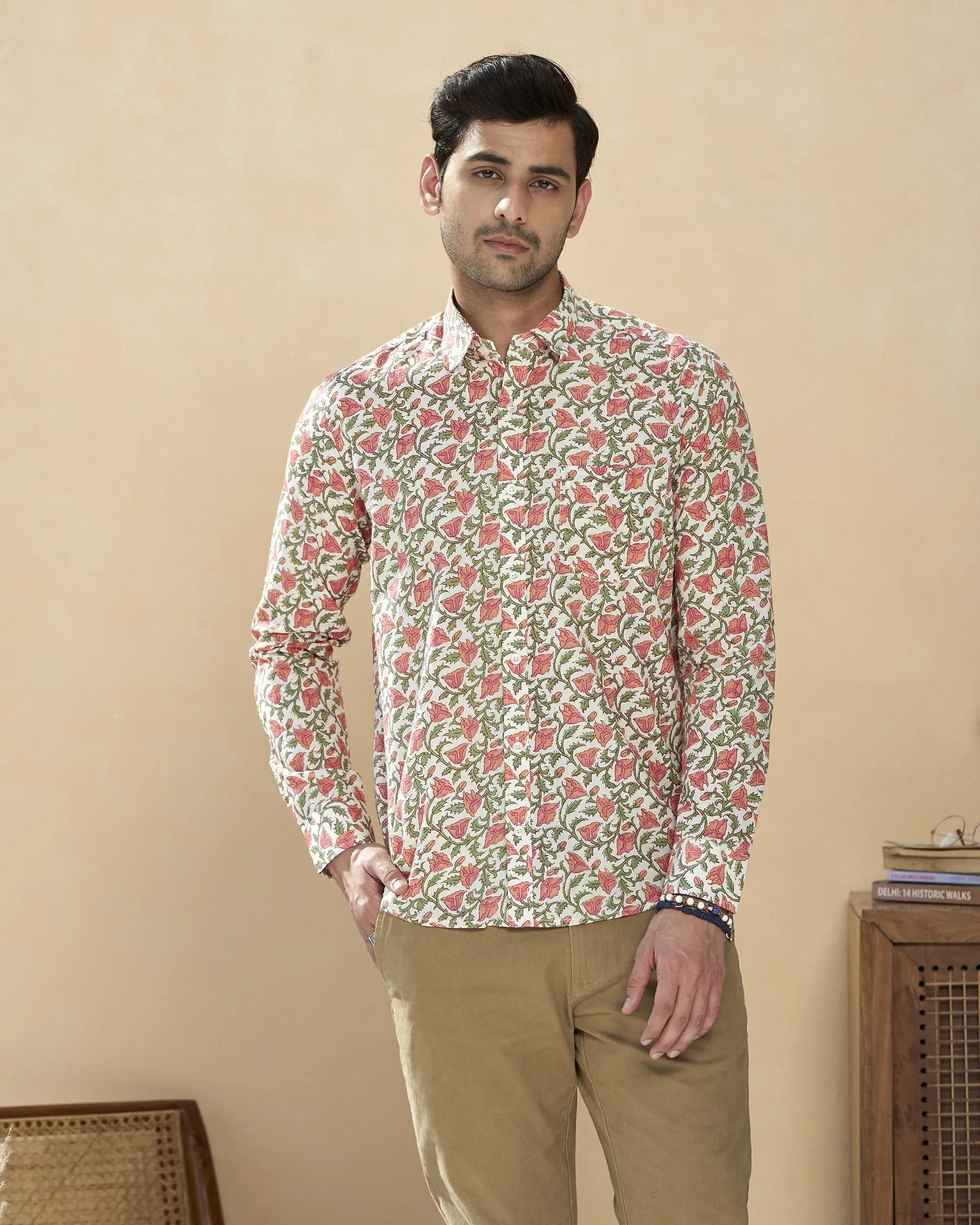 White Full Sleeve Cotton Hand Block Printed Men’s Shirt