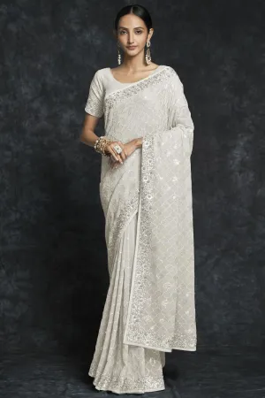 White Georgette Embroidered Saree