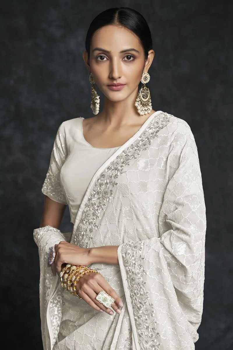 White Georgette Embroidered Saree