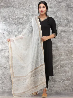 White Gold Kota Silk Hand Block Painted Dupatta - D04170778