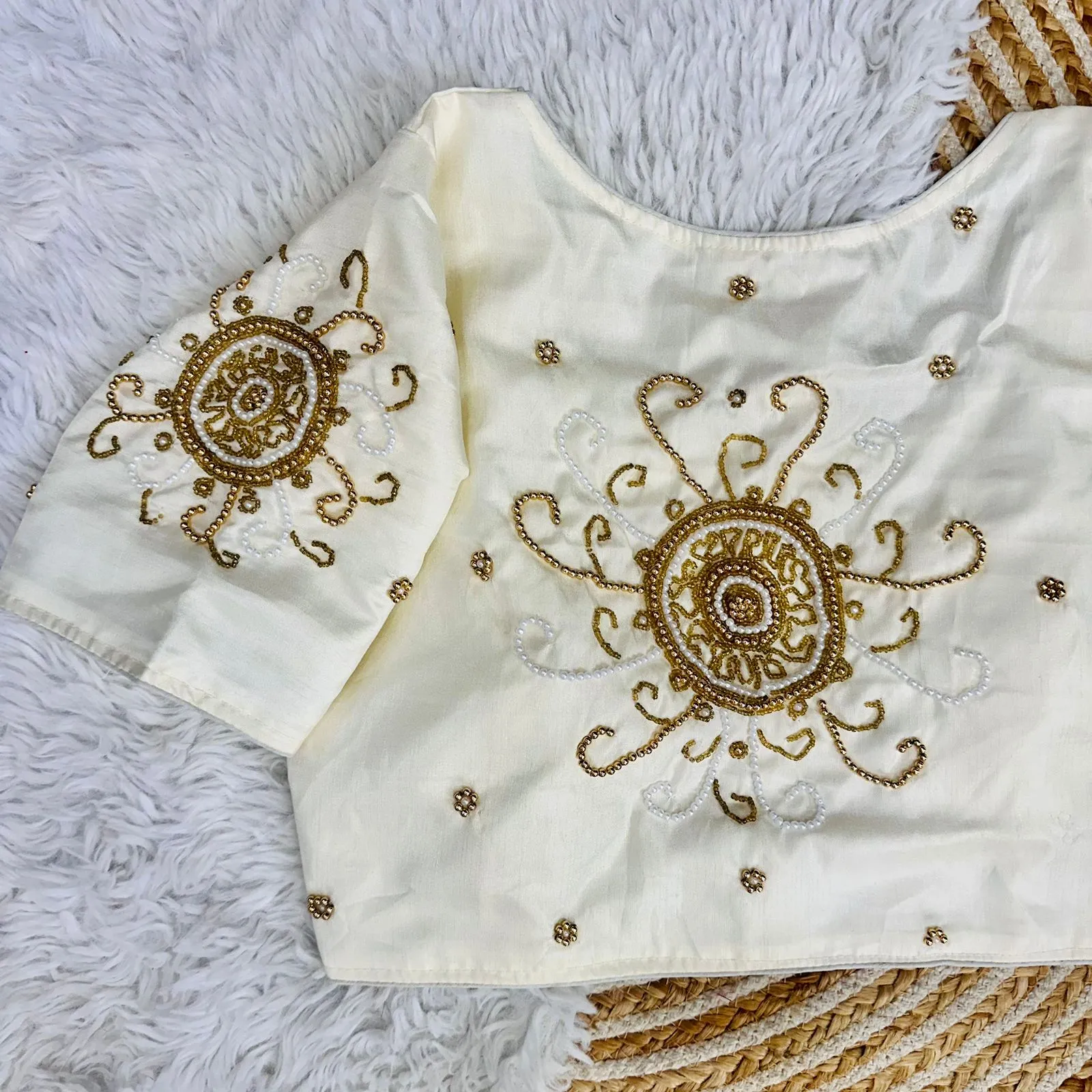 White Golden Handcrafted Makhana Silk Blouse with White Pearl Accents